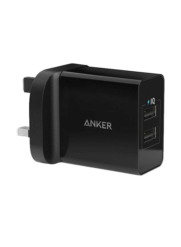 Anker PowerPort UK Plug Wall Charger, 24W Dual USB Port with PowerIQ Technology, A2021211, Black