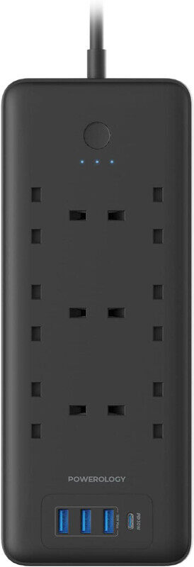 

Powerology UK Wall Charger, 48W 6AC 1x PD USB-C & 3x QC USB-A Power Strip, Black