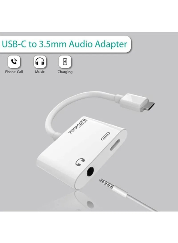 Promate AUXCharge-C 2-In-1 USB Type-C to 3.5 mm Headphone Jack, 18W 3A USB-C Power for Pixel 2/2XL/3/3XL/HTC U 11/HTC U Ultra, LG, HUAWEI P20/P20 Pro, White