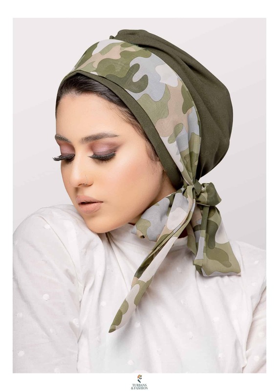 Turban & Fashion 2-Piece Head Gear Straight Cut Turban with Matching Chiffon Scarf Set for Women, Olive Green/Camouflage