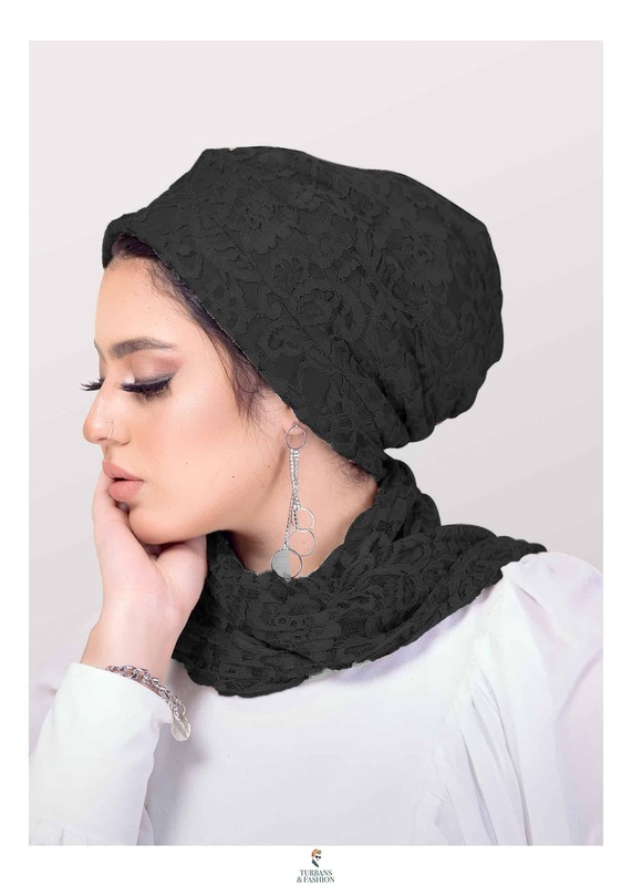 Turban & Fashion 2-Piece Padded Dantel Lace Turban with Matching Scarf Set for Women, Black