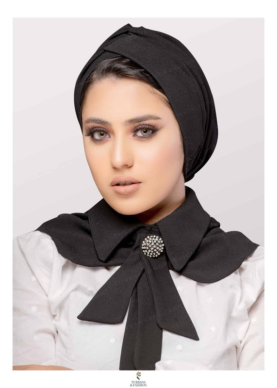 Turban & Fashion 2-Piece Cross Turban with Collar Set for Women, Black