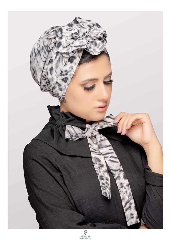 Turban & Fashion 2-Piece Head Gear Fan-Shaped Turban with Matching Collar Set for Women, Grey