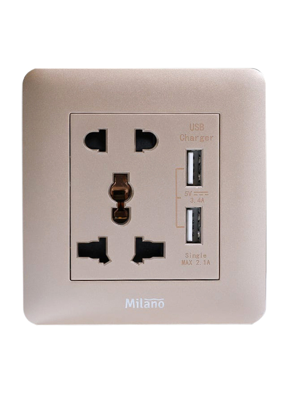 Milano 2 Pin & 3 Pin Universal Socket With 2.1A Usb Charger, Gold