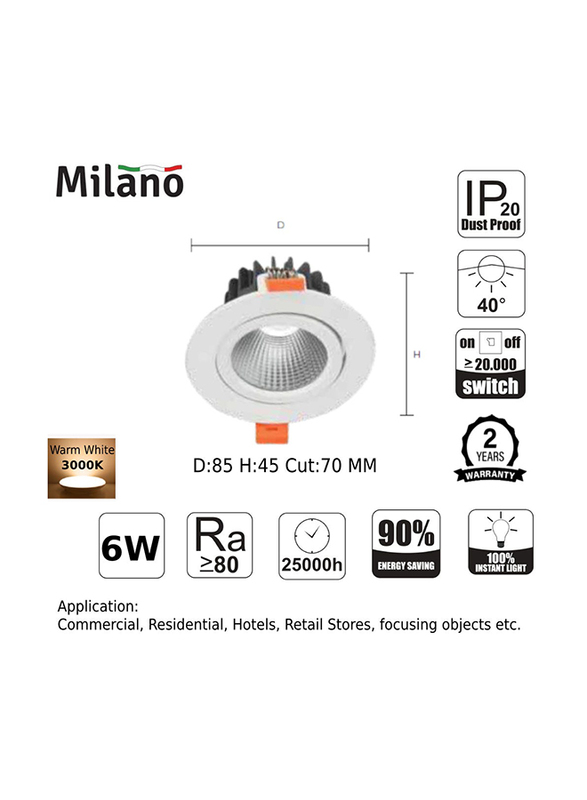 Danube Home Milano New Dim LED Spot Light, 3000K, 6W, White