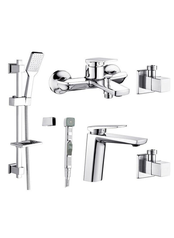 

Danube Home 6-Piece Yana Collection Set Of Basin+Bath+Shattaf with 2Pcs Angle Valve Kit, Multicolour