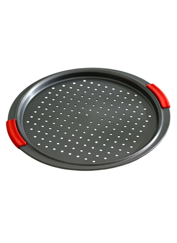 

Danube Home 0.8mm Bake Me Happy Carbon Steel Pizza Pan with Holes, Grey/Red