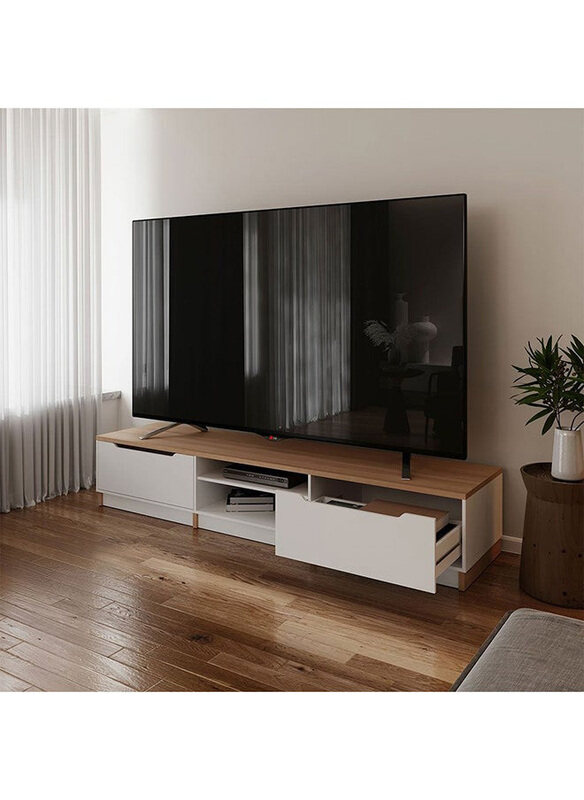 

Danube Home Royan Wooden Large Wall TV Unit Cabinet with 2 Drawers Up To 98 Inch, Light Brown/White