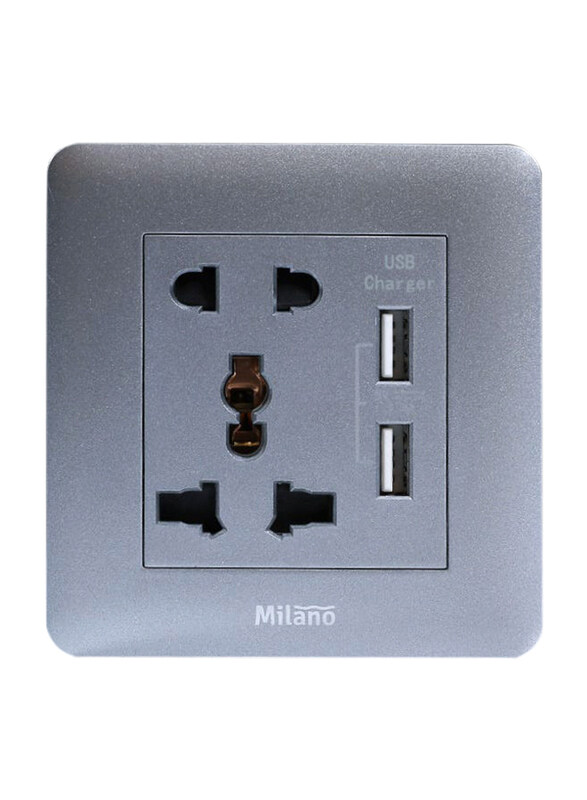 Milano 2 Pin & 3 Pin Universal Socket With 2.1A Usb Charger, Silver