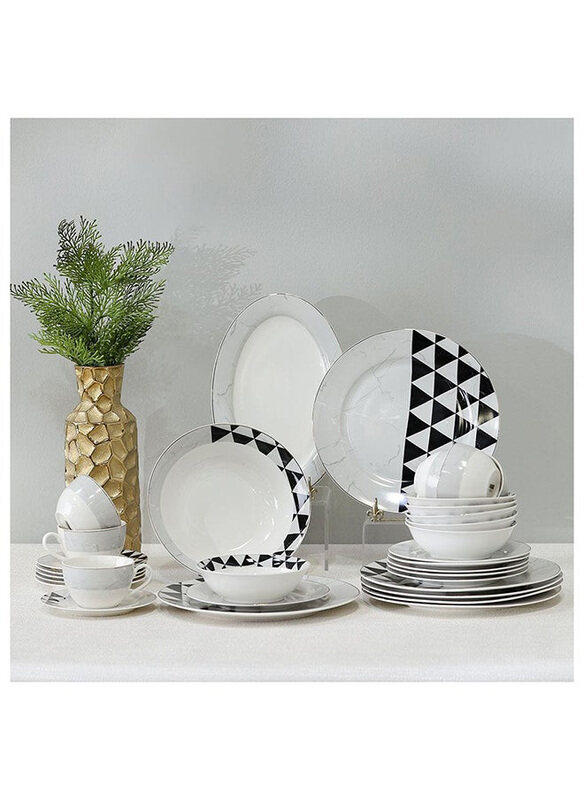 

Danube Home Geometric New Bone China Dinner Set, 32 Pieces, Black/White