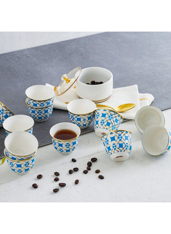 

Majestic Dice 12-Piece 80ml New Bone China Cawa Cup Set, White/Blue