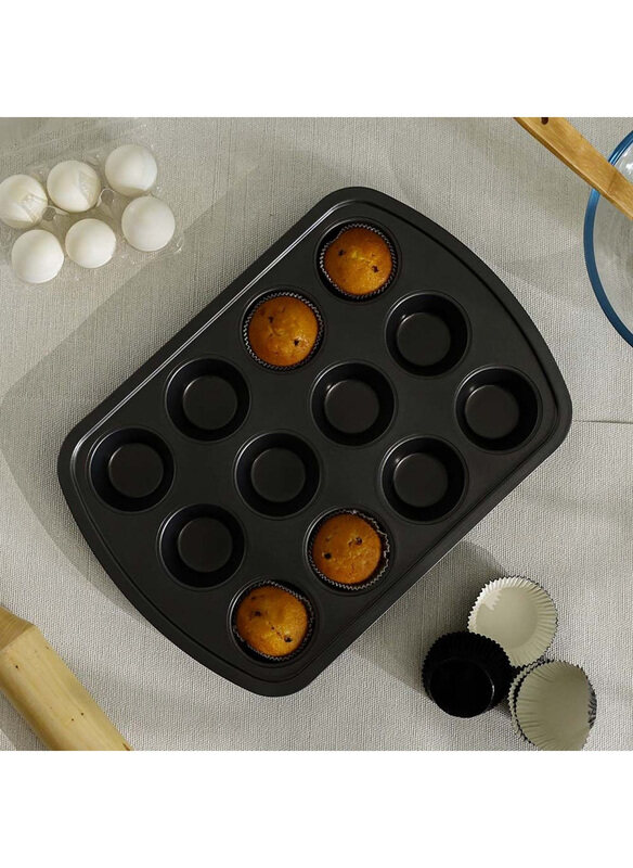 

Danube Home 12-Cup 0.6mm Bake Me Happy Carbon Steel Muffin Pan, Black