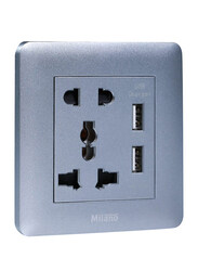 Milano 2 Pin & 3 Pin Universal Socket With 2.1A Usb Charger, Silver