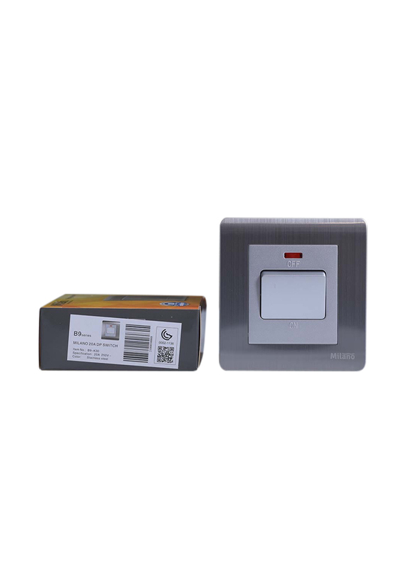 Danube Home Metal Plate Brushed Milano 20A Double Pole Switch With Neon Light Indicator, Silver