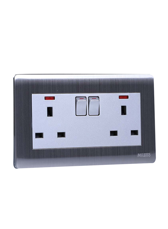 Danube Home Milano 13A 2 Gang Socket with Neon Indicator, Silver