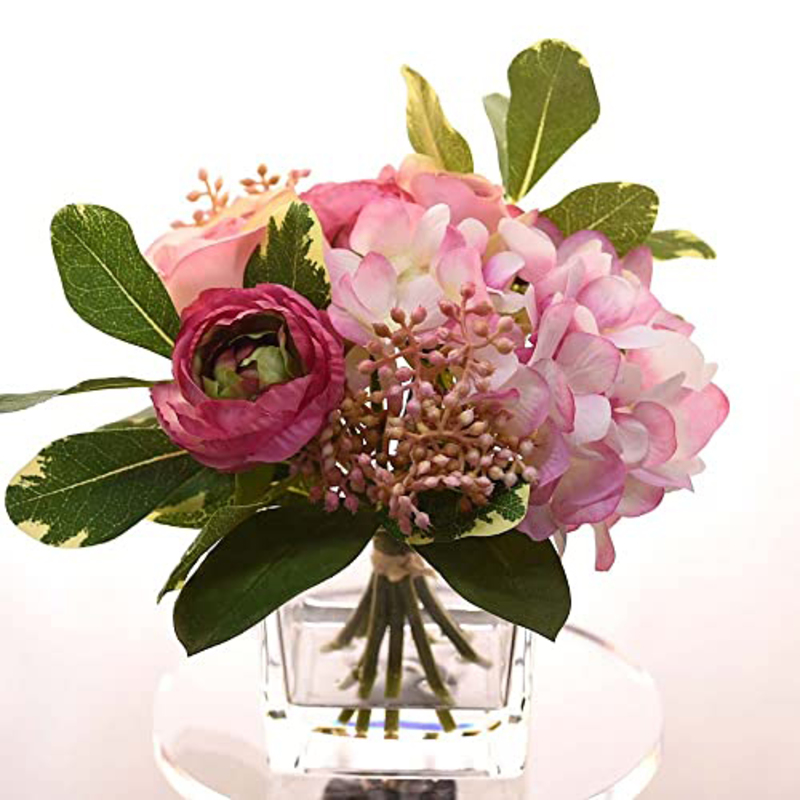 Danube Home Rejoice Ranunculus Hydrangea Leaves Vase, Pink