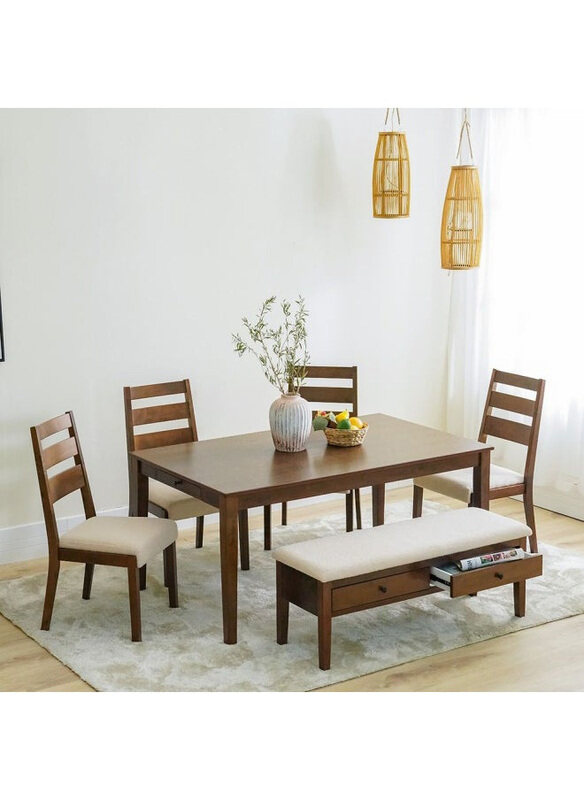 

Danube Home Tovia 1+4+Bench Solidwood Dining Set with Storage, Walnut/Beige
