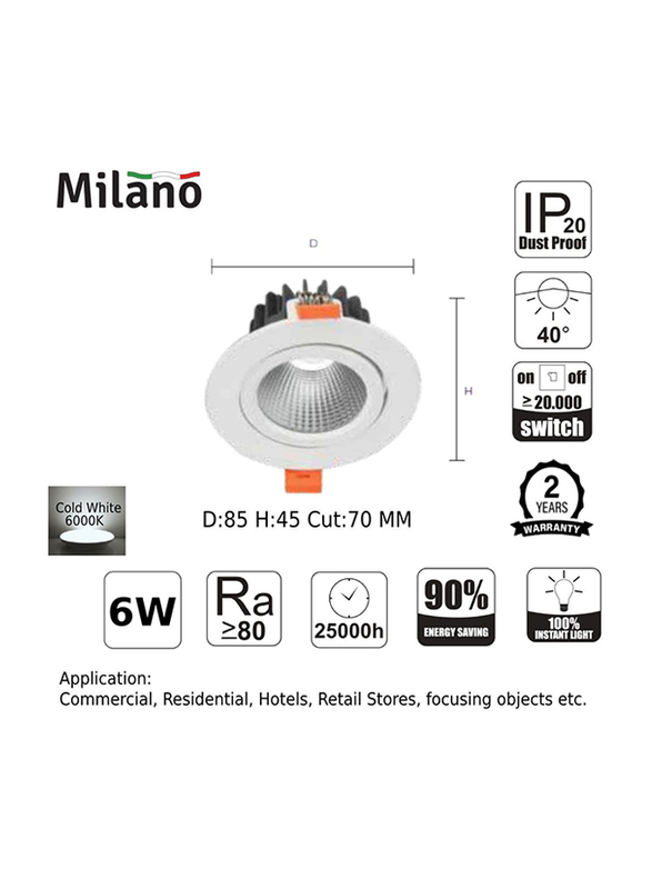 Danube Home Milano New LED Spot Light, 6000K, 6W, White