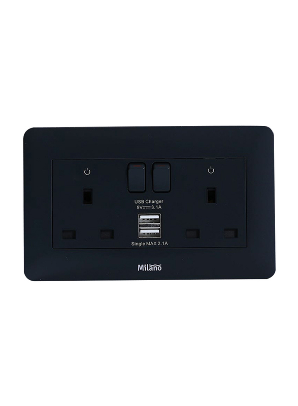 Milano 13A Dual Switched Socket With Usb Charger, Black