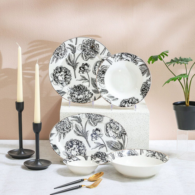 

Danube Home 26-Piece Beyonce Black Rose Bone China Dinner Set for 8, Dishwasher Safe, Black