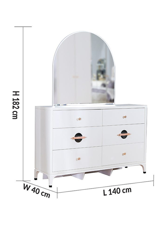 Danube Home New Aloha Dresser with Mirror and 6 Drawers, 140 x 40 x 182cm, White/Golden