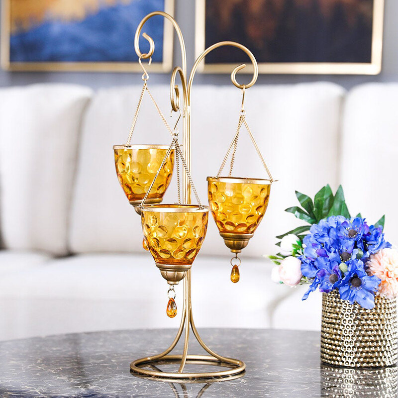 

Danube Home Arianna Hanging 3 Votive Decorative Candle Holders With Stand, Gold Lusture/Gold