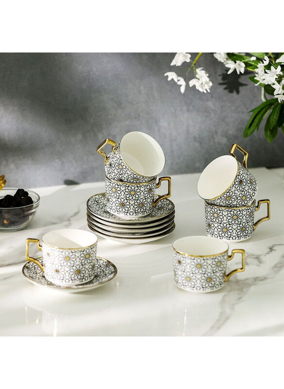 

Majestic Classic 12-Piece 200ml New Bone China Tea Cup Set, White/Grey