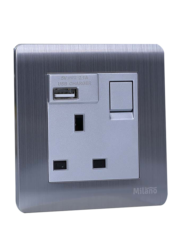 Milano 13A Socket With Neon Light Indicator And Usb Charger, Silver