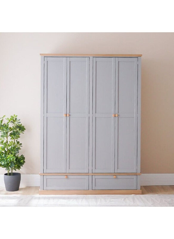 

Danube Home Autumn 4 Door Wardrobe with 2 Drawers Sturdy Closet Clothes Storage, Cupboard Modern Design, L 160 x W 55 x H 220cm, Grey/Oak