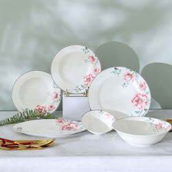 Danube Home 26-Piece Beyonce Hibiscus Bone China Dinner Set for 8, Dishwasher Safe, Red