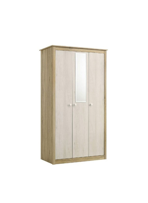 

Danube Home Kelly 3 Door Wardrobe with Mirror Sturdy Closet Clothes Storage Cupboard for Bedroom, L 122.5 x W 55 x H 210cm, White Ash/Sonoma Oak