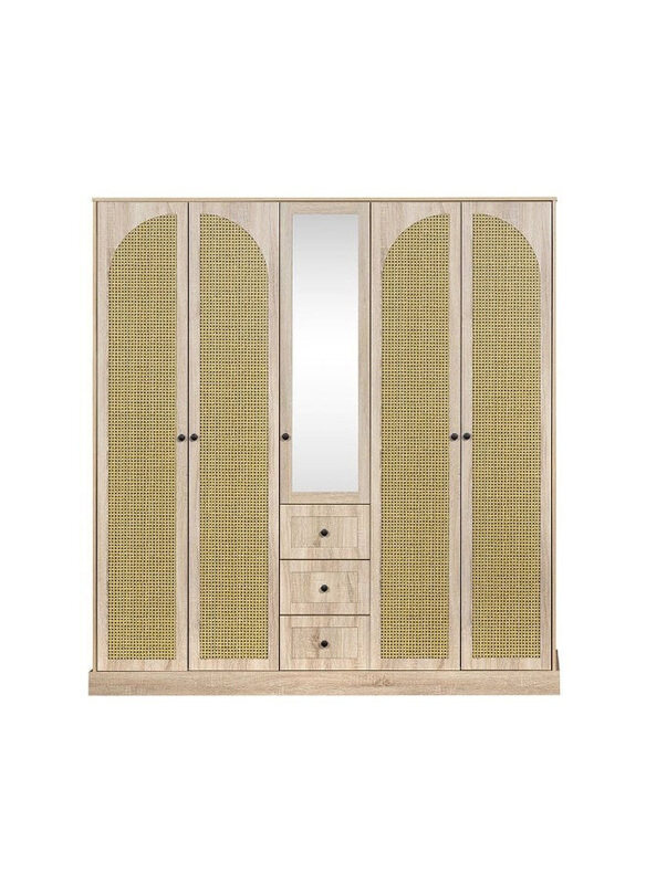 

Danube Home Bali 5 Door Wardrobe with 3 Drawers and Mirror Sturdy Closet for Bedroom, L199 x W 55 x H 210Cm, Light Oak