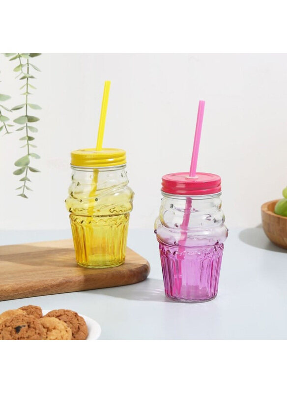 

Danube Home 4-Piece 490ml Danube Essential Colored Glass Jar Set with Metal Lid, Straw, Yellow/Pink