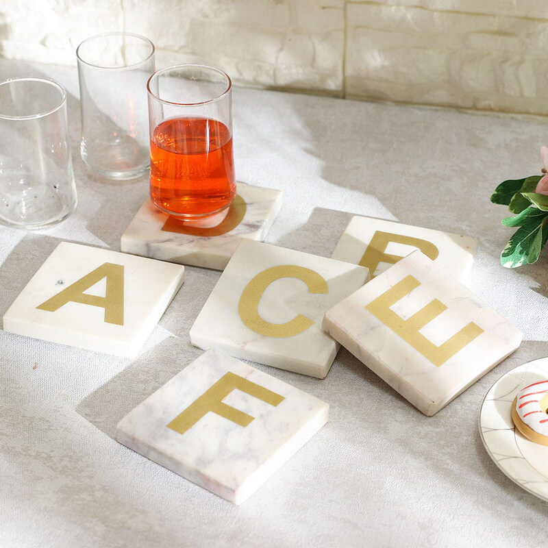 

Danube Home 6-Piece Lennox Puzzle Marble Coaster,White/Gold