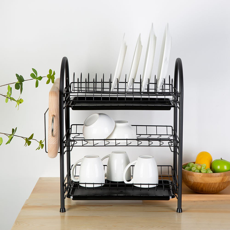 Danube Home Atticus 3 - Tier Iron Dish Rack with PP Cup Tray, Black