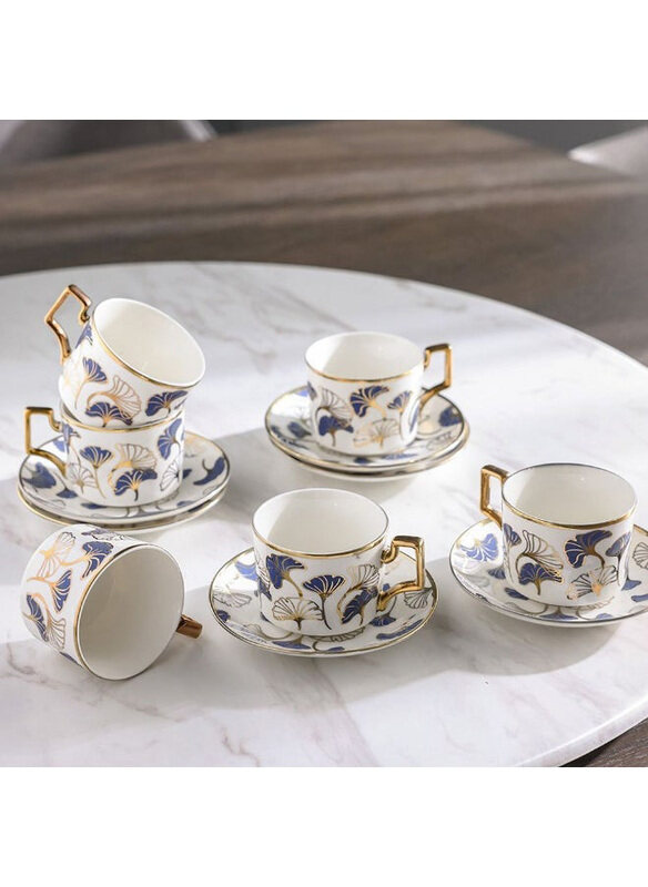 

Majestic Ginkgo 12-Piece 200ml New Bone China Coffee Cup Set, White/Blue