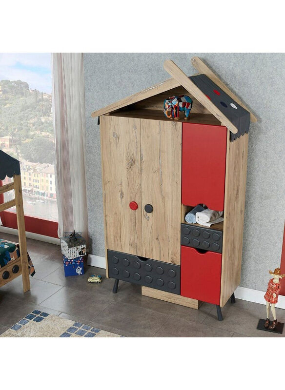 

Danube Home Bricks 3 Door Wardrobe with 2 Drawers Extra Sturdy Closet, Oak/Red/Grey