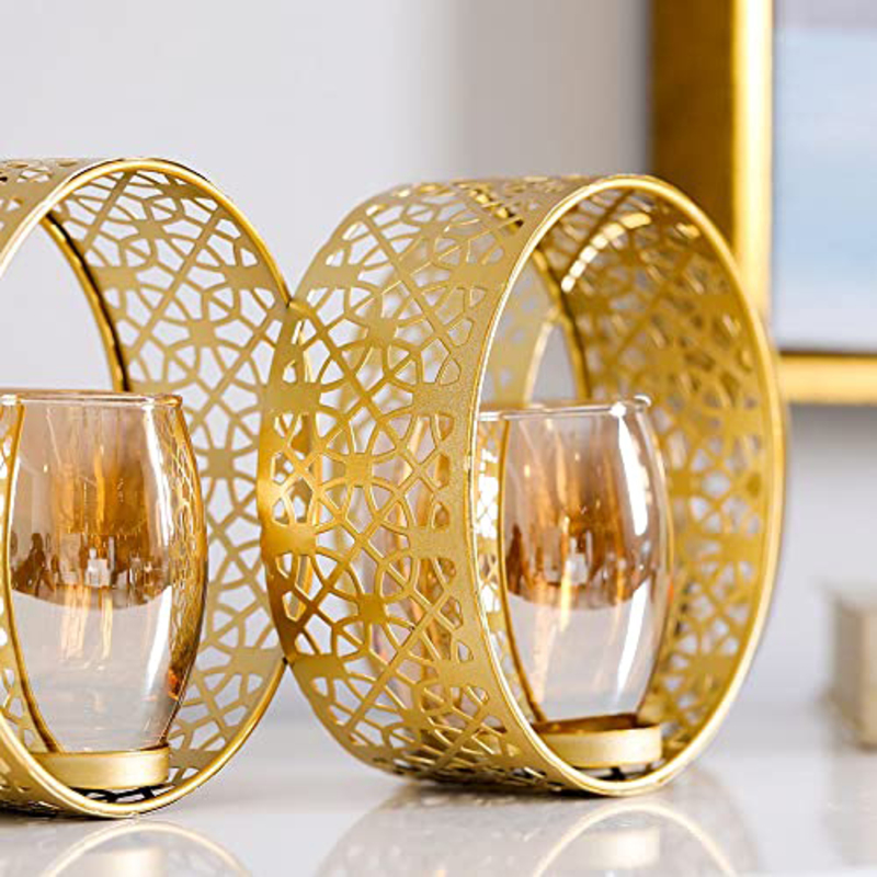 Danube Home Medallion Metal Candle Holder With 3 Pack Glass Cups, Gold