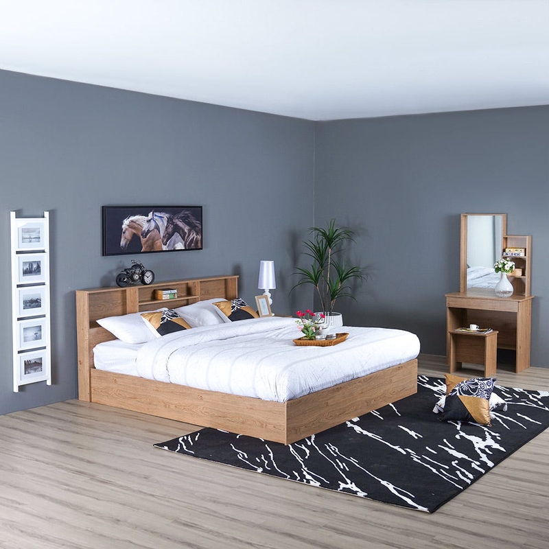 Danube Home 5-Piece Gamorah Bed Set, 1 Night Stand + 1 Dresser + 1 Stool with Mirror, 180 x 200cm, King, Oak Brown