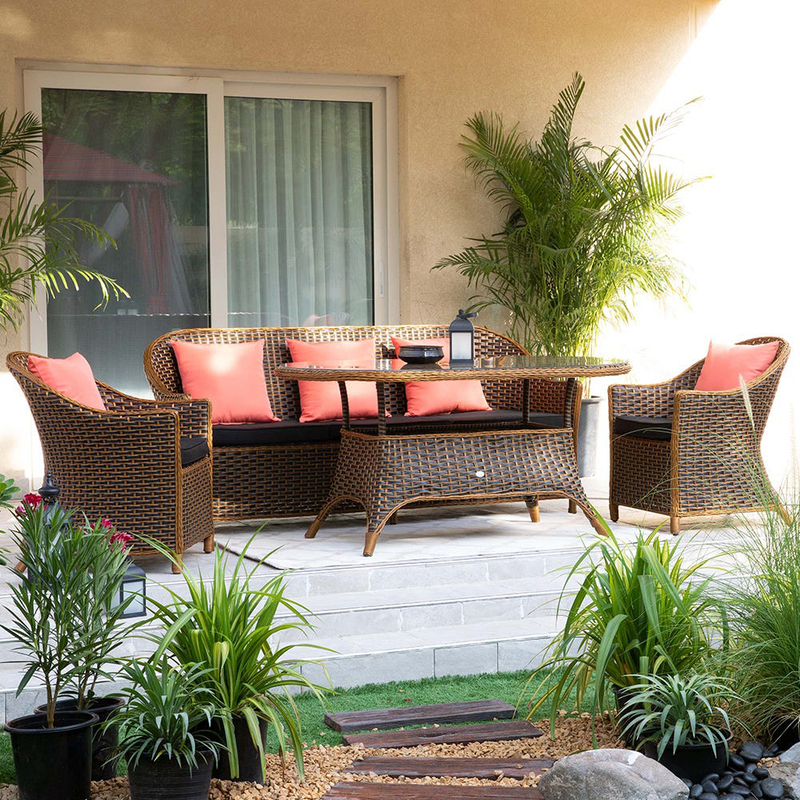 Danube Home 5-Seater Knice Multifunctional Metal Frame Patio Garden Modern Design Garden Lounge Sofa Set, Brown