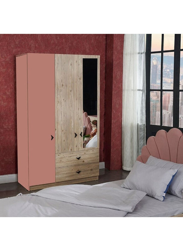 

Danube Home Bliss 3 Door Wardrobe with 2 Drawers and Mirror Extra Sturdy Closet for Bedroom, L 56 x W 201.8 x H 130.5cm, Oak/Pink