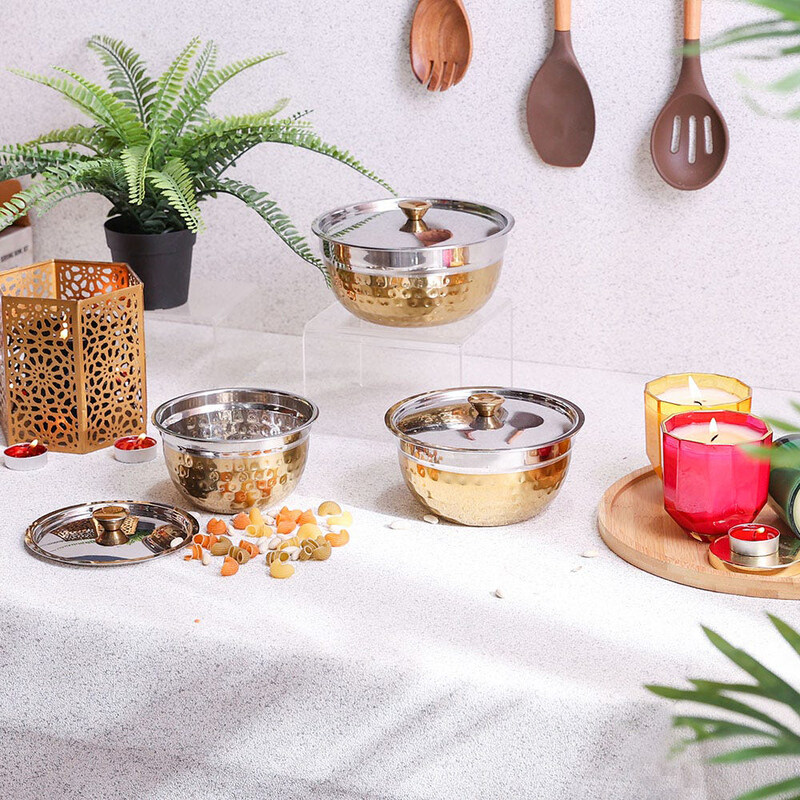 

Danube Home 3-Piece Celina Stainless Steel 201 Serving Bowls With Lids, Gold