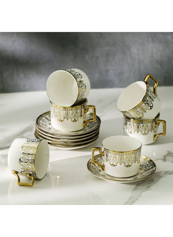 

Majestic Crossline 12-Piece 200ml New Bone China Tea Cup Set, White/Gold