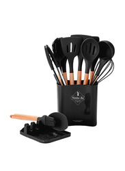 Arabest 13-Piece Silicone Cooking Utensil Spoon Set, Non-stick Utensils with Bamboo Wood Handle, Black