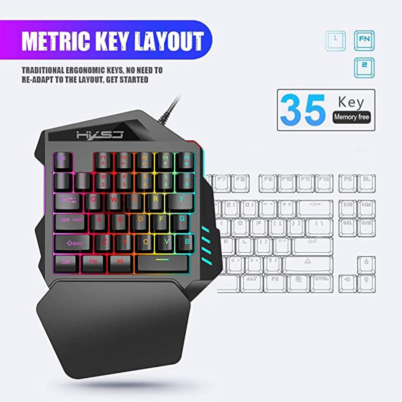 Direct 2 U J50 Wired English 35 Keys One Handed Gaming Keyboard and 5500 DPI 7 Buttons Mouse Set, Black