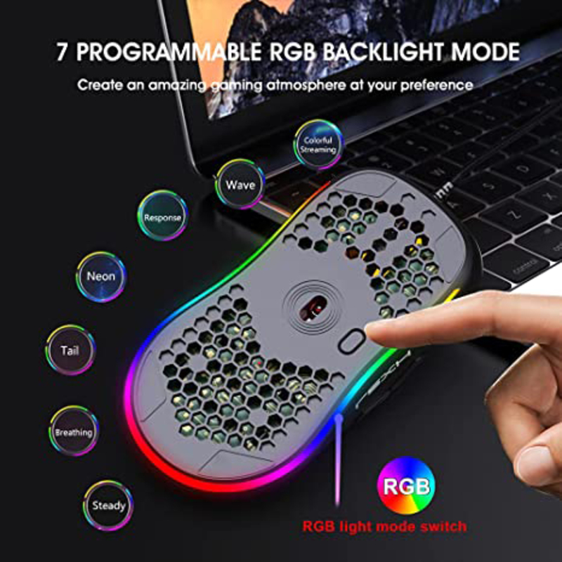 HXSJ X600 RGB Backlight Hollow Honeycomb Shape 6400DPI Wired Optical Gaming Mouse for Desktop/Computer/Laptop/PC, Black