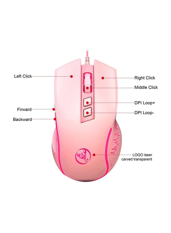 HXSJ X100 3600DPI USB Optical Wired 7 Button Gaming Mouse, Pink