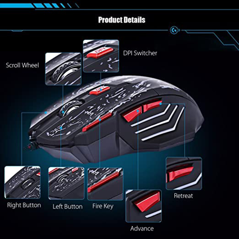 HXSJ H300 5500DPI USB Optical Wired 7 Button Lights Gaming Mouse, Black