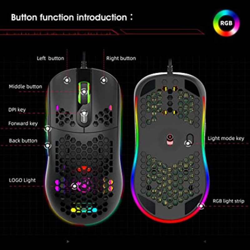 HXSJ X600 RGB Backlight Hollow Honeycomb Shape 6400DPI Wired Optical Gaming Mouse for Desktop/Computer/Laptop/PC, Black
