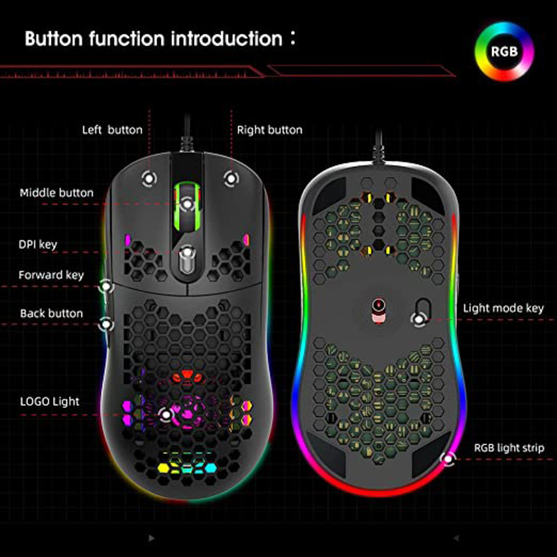 Direct 2 U X600 Wired Ultra Lightweight Honeycomb Optical Gaming Mouse, Black